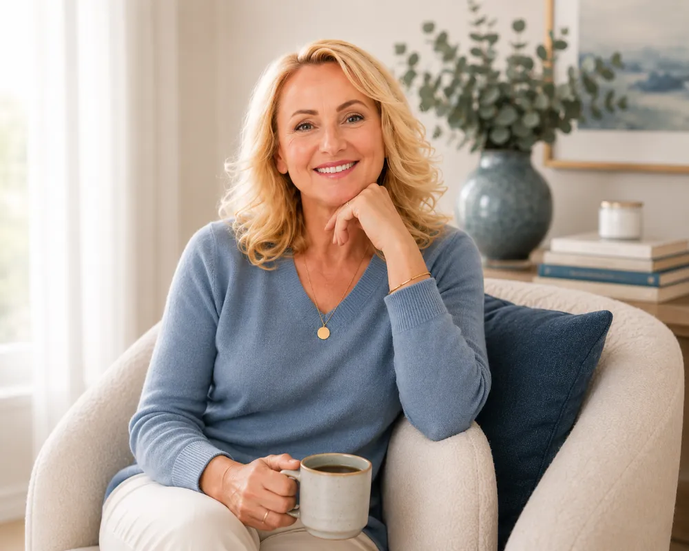 Sarah Thompson sitting with coffee